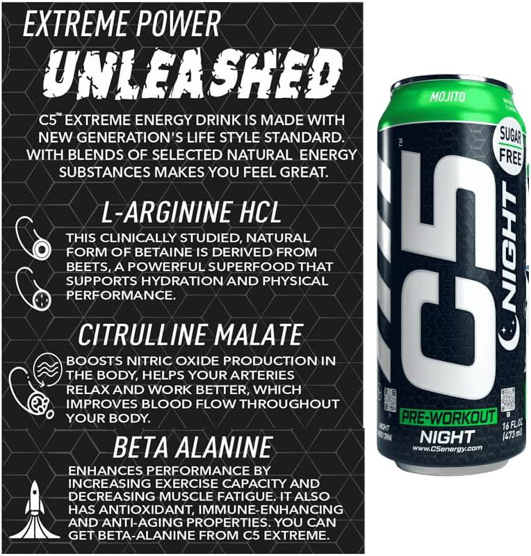 C5 Pre-Workout Night Caffiene Free Energy Drink, 473ml, 12 Piece, Mojito