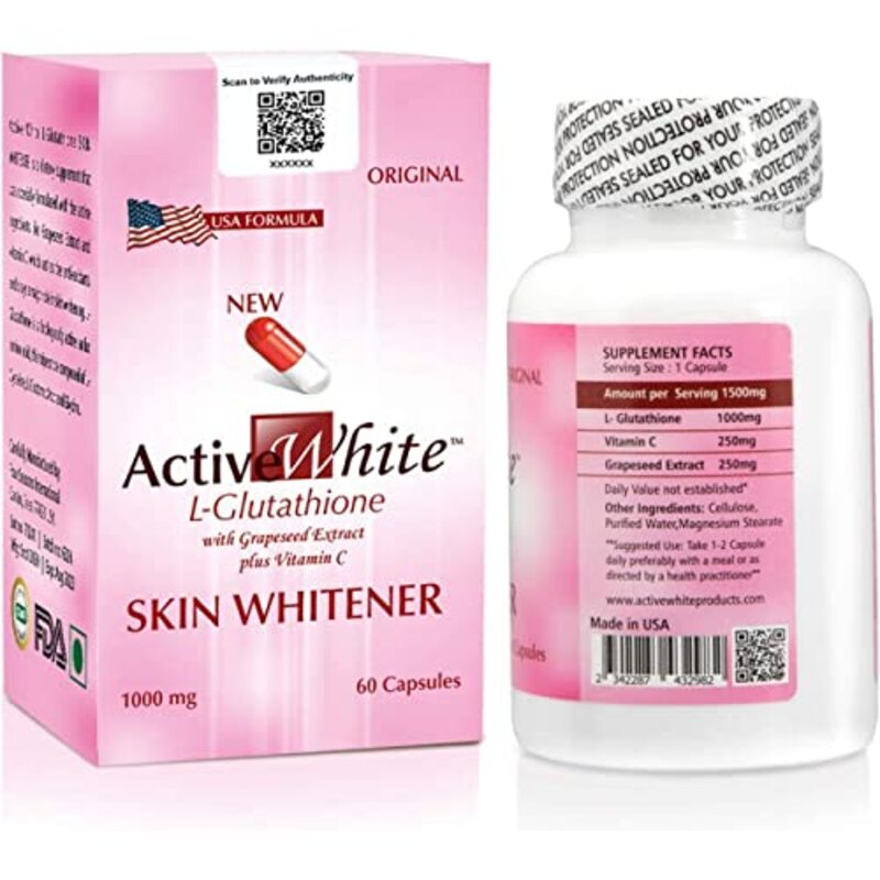 Active White L-Glutathione with Grapesed Extract Plus Vitamin C Skin Whitener Capsules, 60 Capsules