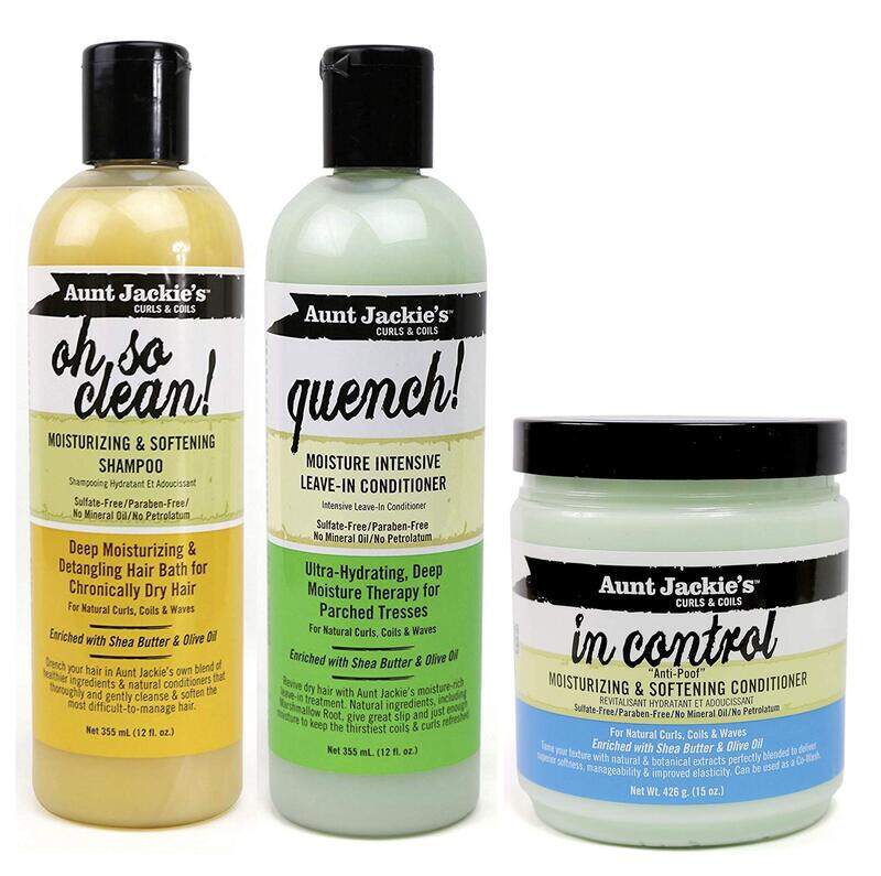 

Aunt Jackie's Curls & Coils Trio Bundle with Oh So Clean Shampoo, Quench Moisture Intensive Leave In Conditioner and In Control Conditioner Kit, Set