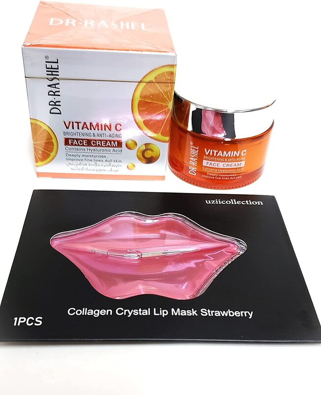 Dr Rashel Vitamin C Brightening and Anti Aging and Face Cream, 1.76oz + Strawberry Collagen Crystal Lip Mask, Set