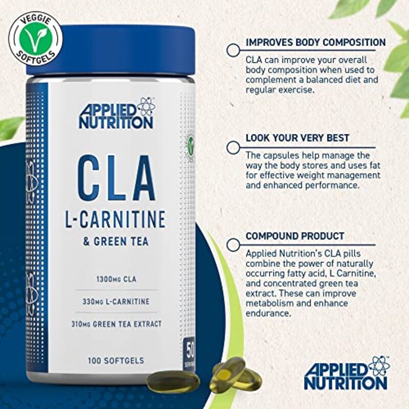 Applied Nutrion Cla L-Carnitine and Green Tea Weight Loss Fat Burner Veggie Dietary Supplements, 100 Softgels