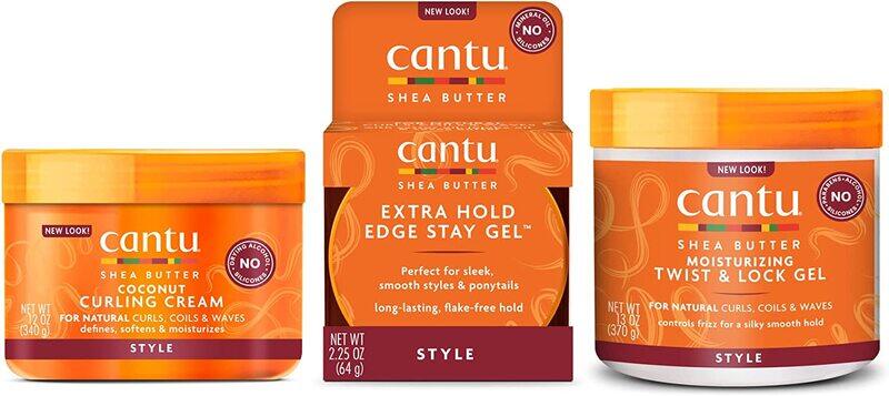 

Cantu Shea Butter Natural Hair Coconut Curling Cream & Extra Hold Edge Stay Gel with Moisturizing Twist & Lock Gel, 3 Pieces