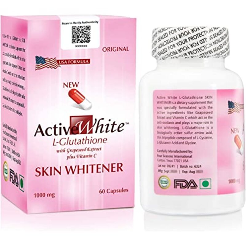 Active White L-Glutathione with Grapesed Extract Plus Vitamin C Skin Whitener Capsules, 60 Capsules