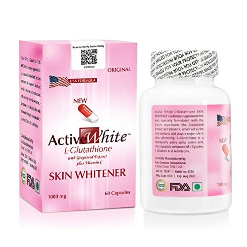 Active White L-Glutathione with Grapesed Extract Plus Vitamin C Skin Whitener Capsules, 60 Capsules