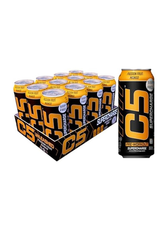 C5 Energy Drink Supercharge Pre Workout, 12 x 473ml, Passion Fruit Mango