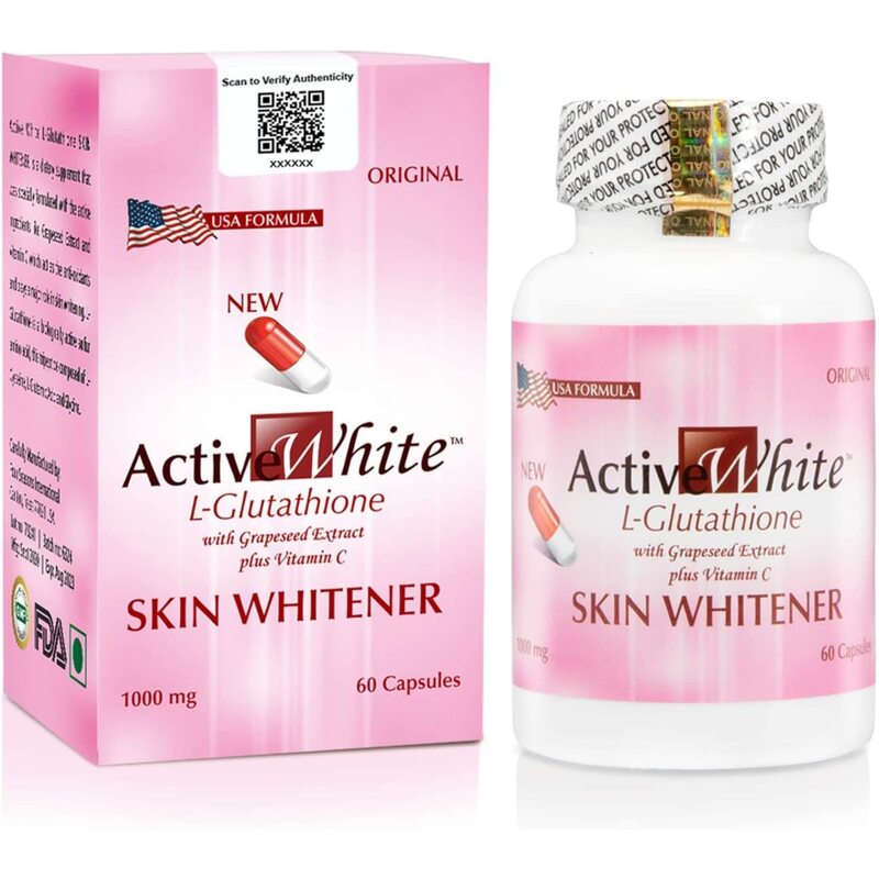 Active White L-Glutathione with Grapesed Extract Plus Vitamin C Skin Whitener Capsules, 60 Capsules