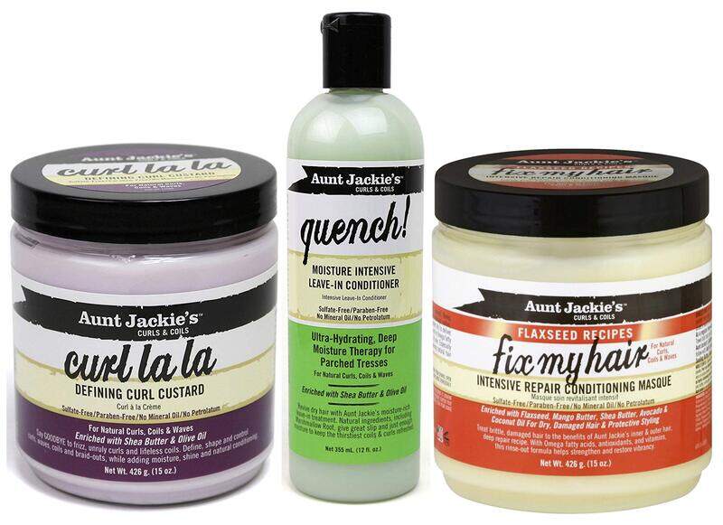 

Aunt Jackie's Curls & Coils Trio Bundle with Curl La La Defining Curl Custard, Quench Moisture Intensive Leave In Conditioner and Conditioning Masque,