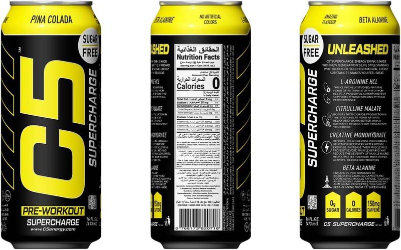 C5 Energy Supercharge Pre-Workout Energy Drink, Sugar Free, 12 x 473ml, Pina Colada