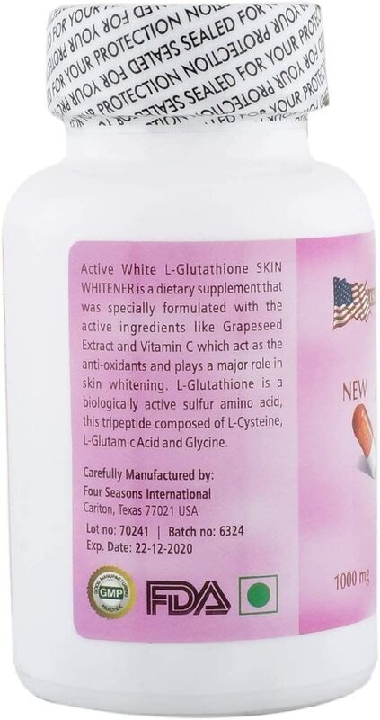 Active White L-Glutathione High Antioxidants Skin Whitener, 1000mg, 60 Capsules