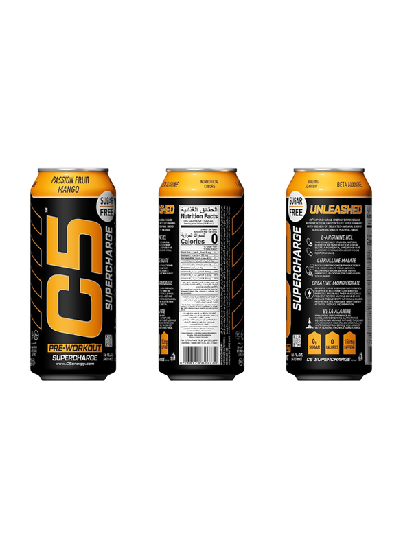 C5 Energy Drink Supercharge Pre Workout, 12 x 473ml, Passion Fruit Mango