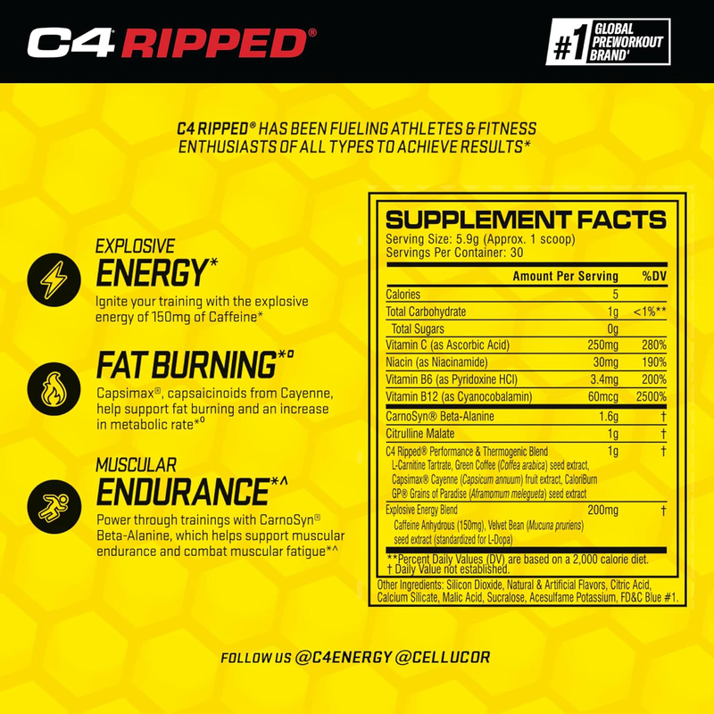 Cellucor C4 Ripped Pre-Workout Powder, 150MG, 177gm, Icy Blue Razz