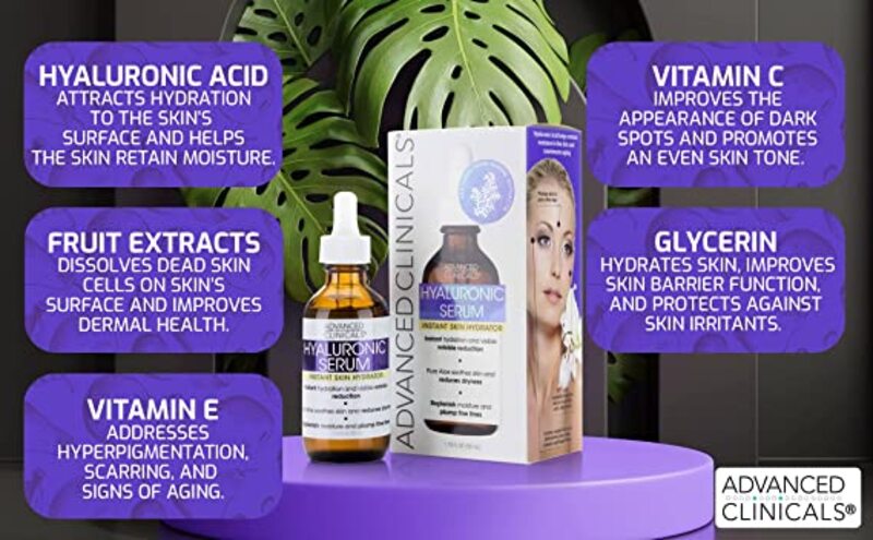 Advanced Clinicals Hyaluronic Acid Face Serum Anti Aging Face Serum Instant Skin Hydrator Plump Fine Lines Wrinkle Reduction 1.75 Ounce Multi