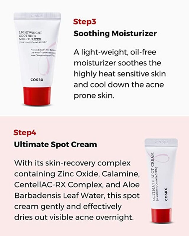 COSRX 4 Step Mild Acne Treament for Prone Skin TSA Approved Travel Size, Gift Set, Trial Cleanser, Toner, Spot Cream, Moisturizer