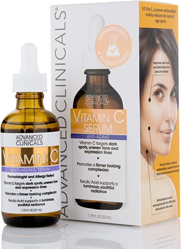 Advanced Clinicals Vitamin C Anti Aging Serum For Dark Spots Uneven Skin Tone Crows Feet And Expression Lines 1.75 Ounce Multi
