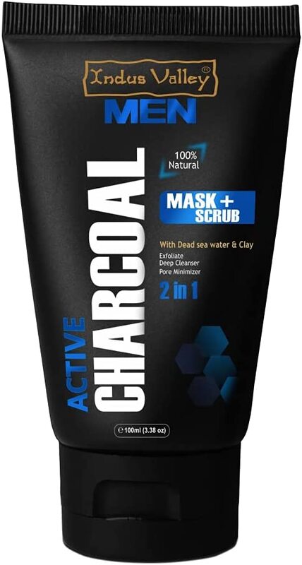 Indus Valley 100% Natural Halal Certified Active Charcoal Face Mask Scrub with Dead Sea Water Clay, 100ml