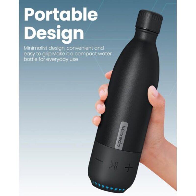 Moxedo Vacuum Flask Water Bottle with Built in Wireless Speaker and LED Light Double Wall Vacuum Insulated Hot and Cold BPA Free 460ML for Gym Home Office Outdoor and Work Black Color