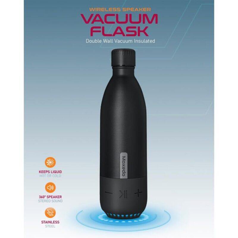 Moxedo Vacuum Flask Water Bottle with Built in Wireless Speaker and LED Light Double Wall Vacuum Insulated Hot and Cold BPA Free 460ML for Gym Home Office Outdoor and Work Black Color