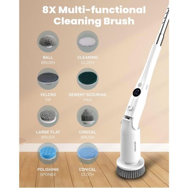 Moxedo 8 in 1 Electric Cleaning Brush Cordless Handheld Spin Scrubber Detachable Telescopic Handle with 8 Replaceable Brush Heads for Bathtub Wall Tile Toilet Window and Sink