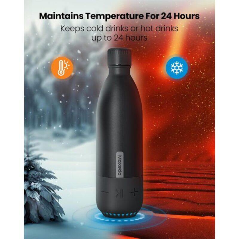 Moxedo Vacuum Flask Water Bottle with Built in Wireless Speaker and LED Light Double Wall Vacuum Insulated Hot and Cold BPA Free 460ML for Gym Home Office Outdoor and Work Black Color