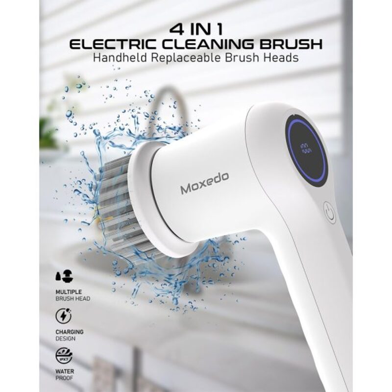 Moxedo 4 IN 1 Electric Cleaning Brush Cordless Handheld Spin Scrubber 2 Adjustable Speed with 4 Replaceable Brush Heads for Bathtub Wall Tile Toilet Window and Sink
