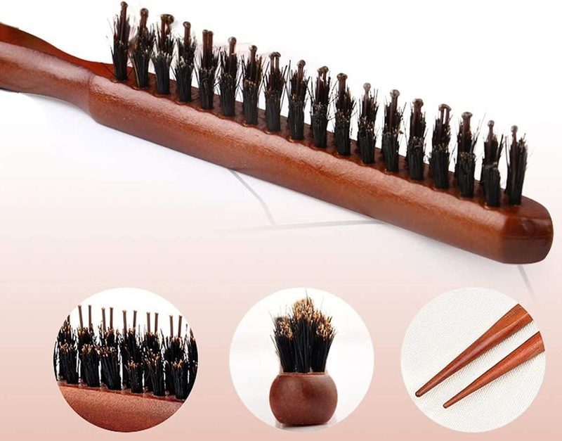 Nylon Teasing Bristle Hair Brush with Rat Tail Pick for Hair Sectioning, Brown