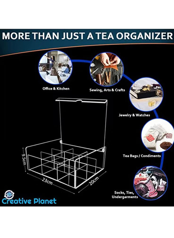 Creative Planet 9 Compartments Acrylic Tea Bag Storage Organizer Box, Clear