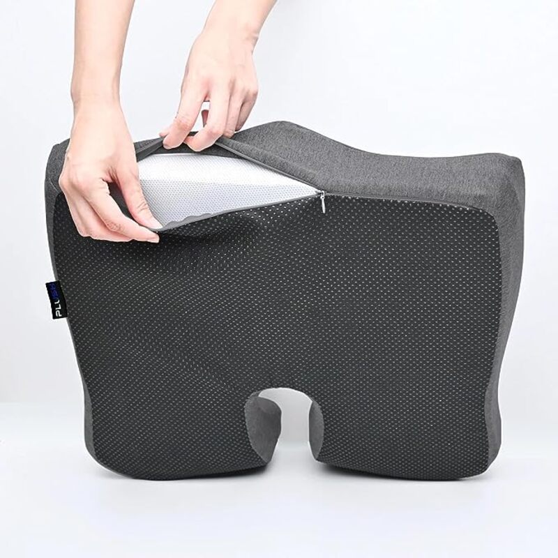 Plush Memory Foam Seat Cushion, High Density Pillow for Office Chair, Strategic Rear Cutout Gives You Pain Relief by Pressure Reduction. Perfect for Hemorrhoids, Tailbone, Coccyx, Sciatica - Grey