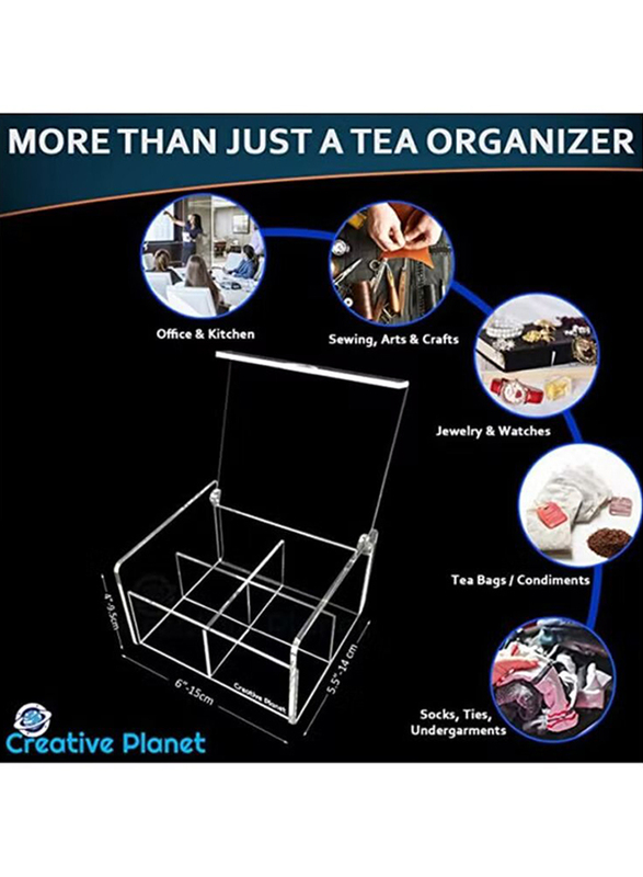 Creative Planet 4 Compartments Acrylic Tea Bag Storage Organizer Box, Clear