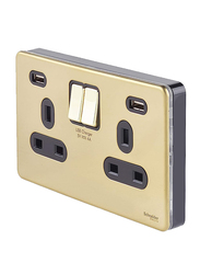 Schneider Electric 13A Ultimate Screwless Flat Plate Switched Double Power Socket With USB Ports, Brass/Black