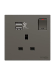 Schneider Electric Avataron C Switch Socket, 1 Gang, 13A, 2.1A, Two Port USB, E8715USB_DG, Dark Grey