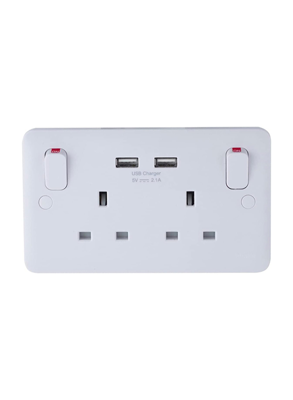 Schneider Electric Lises Moulded Twin Socket Combined 2 x USB SP 2.1 A Switch, White