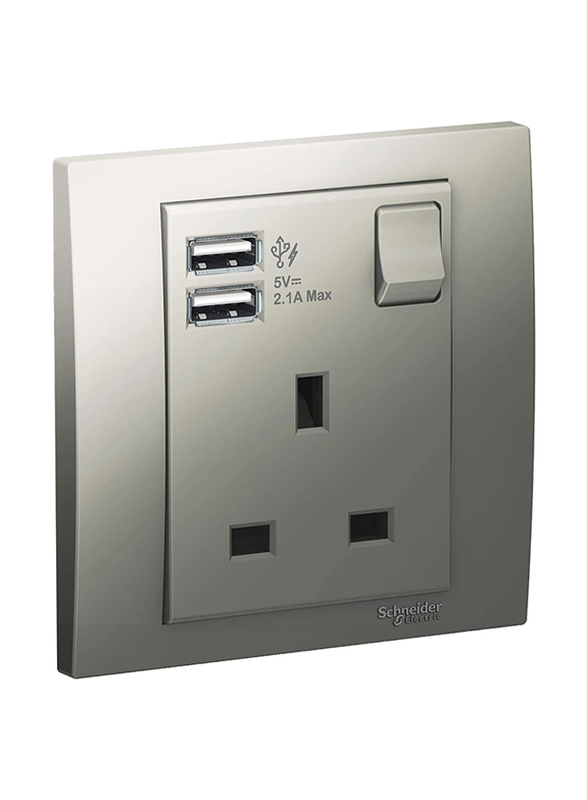 Schneider Electric Single 13A Socket, KB15USB_AS, Silver