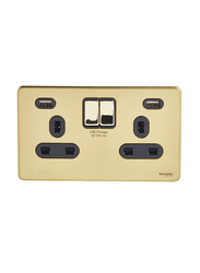 Schneider Electric 13A Ultimate Screwless Flat Plate Switched Double Power Socket With USB Ports, Brass/Black