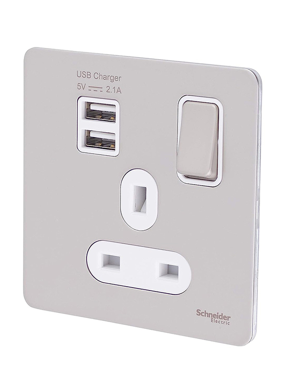 Schneider Electric 13A Ultimate Screwless Flat Plate Switched Socket With USB Ports, White