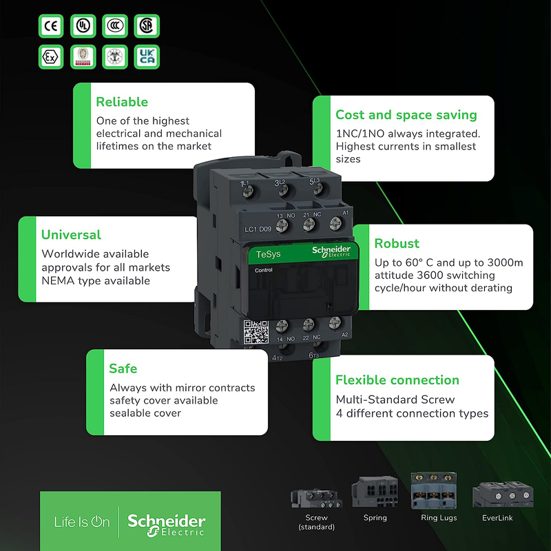 Schneider Electric TeSys D_ Auxiliary Contact Block, D, 1NO + 1NC Front Mounting, Screw Clamp Terminals, LADN11, Black