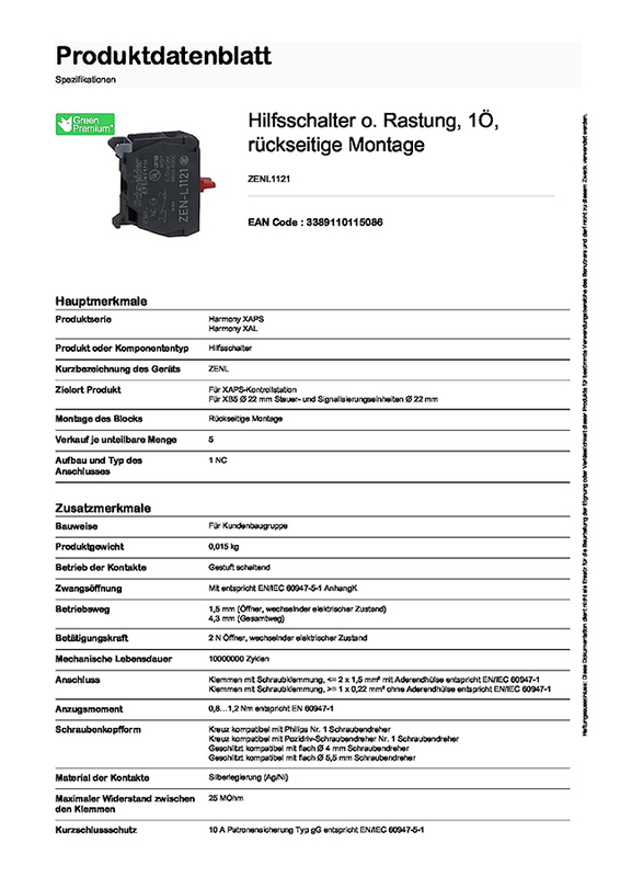 Schneider Electric ZENl1121 Contact Block for 22mm Diameter Signage Units, Black