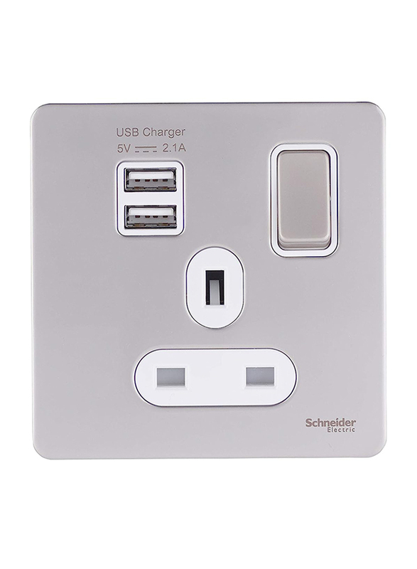 

Schneider Electric 13A Ultimate Screwless Flat Plate Switched Socket With USB Ports, White