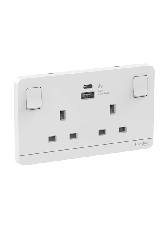 Schneider Electric Avataron Switched Socket with USB Charger, 21W, Type A+C, 2 Gang, 13A, White