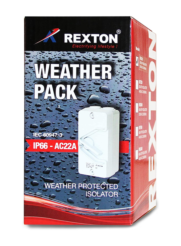 

Rexton IS100 40A 4 Pole IP66 Weatherproof Isolator Switch, White