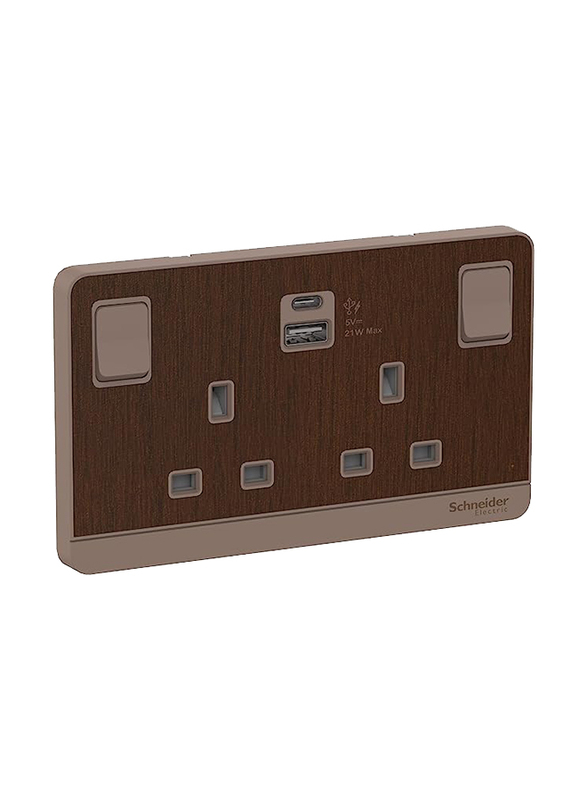 Schneider Electric 21W Type A+C 2 Gang 13A Avatar On Switched Socket With Usb Charger, Wine Gold