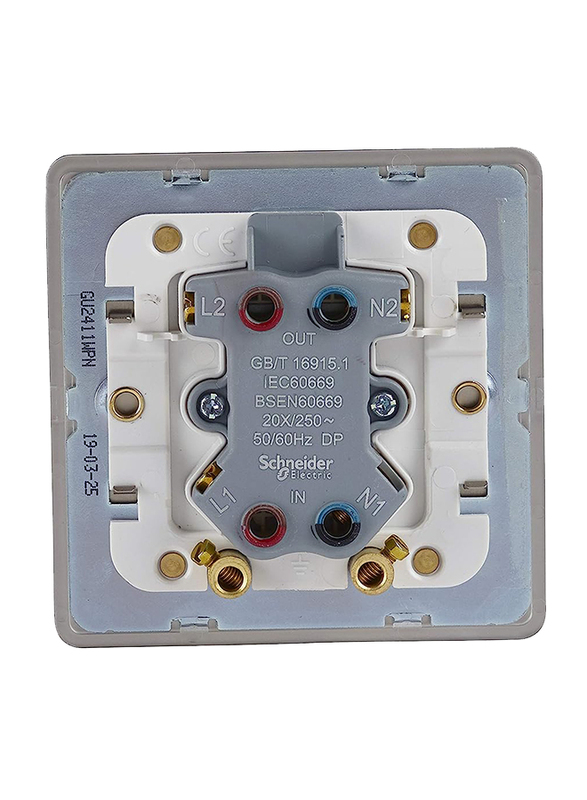 Schneider Electric 20AX Ultimate Screwless Flat Plate Double Pole Single Light Switch With Neon Indicator, Silver