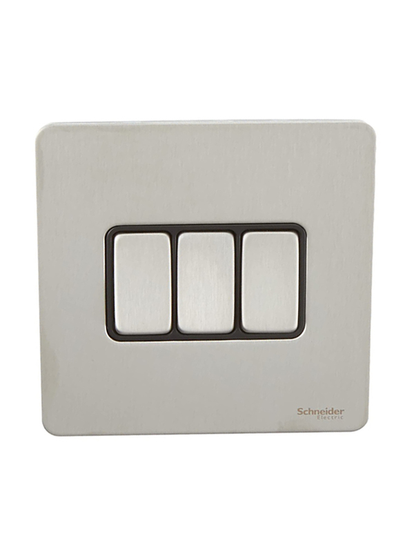 Schneider Electric 3 Gang Ultimate Screwless Rocker Flat Plate Switch, Silver