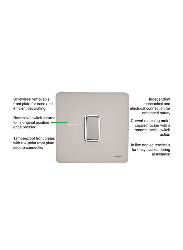 Schneider Electric 16AX Ultimate Screwless Flat Plate Single Retractive 2 Way Light Switch, Silver