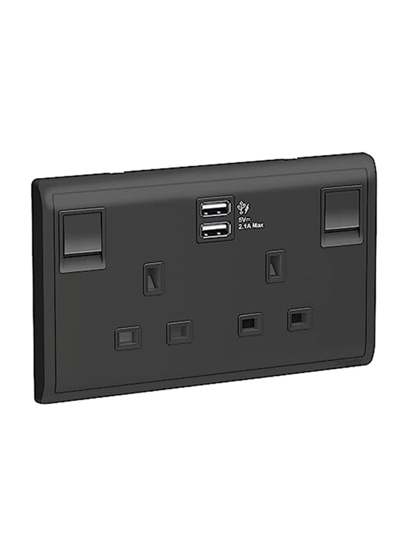 Schneider Electric 13A Pieno 2 Gang Switch with 2.1A Usb, MB G12, Black