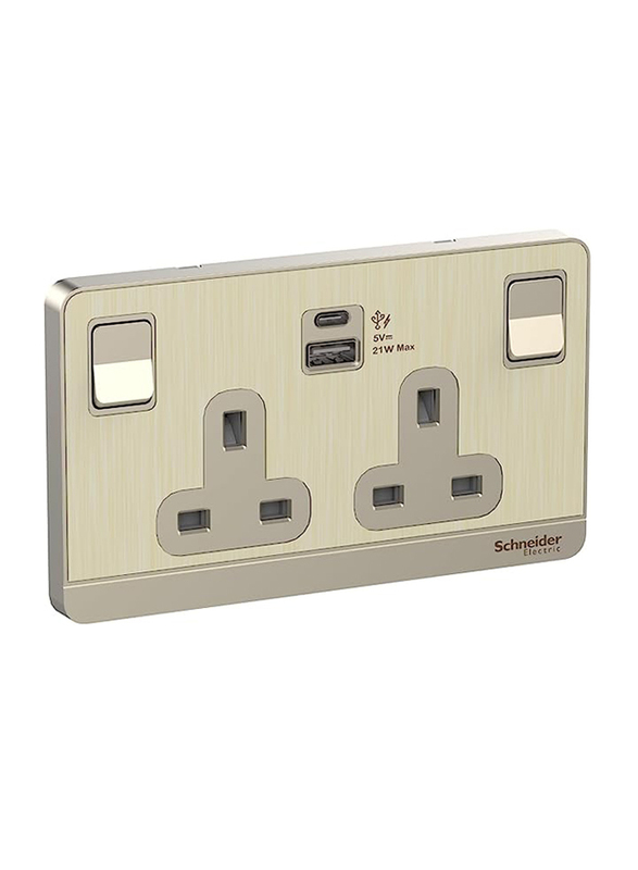 Schneider Electric 21W Type A+C 2 Gang 13A Avatar On Switched Socket With Usb Charger, Metal Gold Hairline