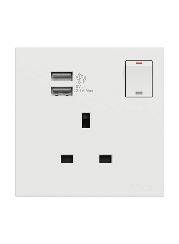 Schneider Electric Avataron C Switch Socket, 1 Gang, 13A, 2.1A, Two Port USB, E8715USB_WE, White