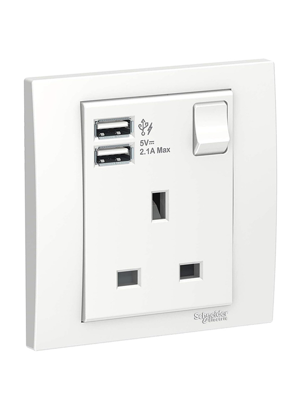 Schneider Electric Vivace Single 13A Socket combined 2 x USB ports 2.1 A, KB15USB_WE, White