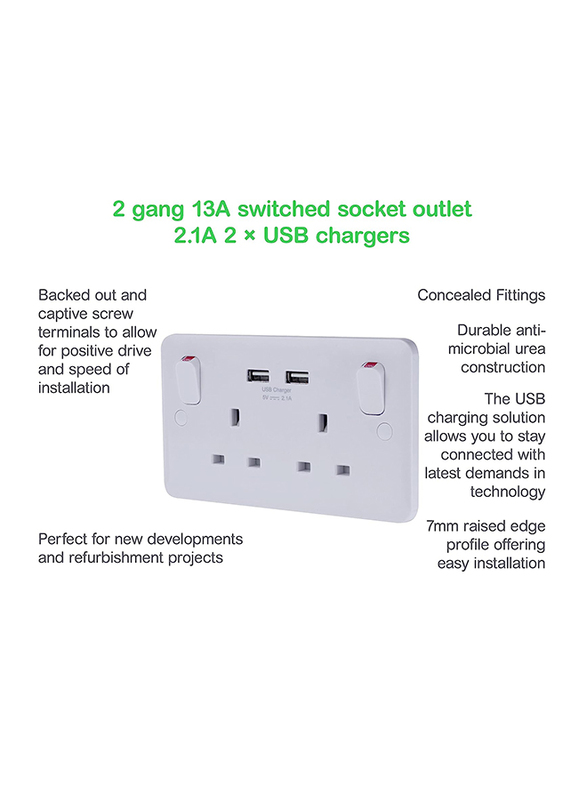 Schneider Electric Lises Moulded Twin Socket Combined 2 x USB SP 2.1 A Switch, White