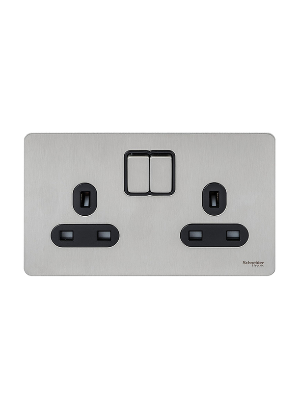 Schneider Electric 2-Gang 13A Ultimate Screwless Flat Plate Switched Socket, GU3420-BSS, Silver/Black