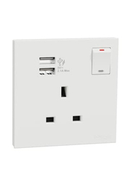 Schneider Electric Avataron C Switch Socket, 1 Gang, 13A, 2.1A, Two Port USB, E8715USB_WE, White